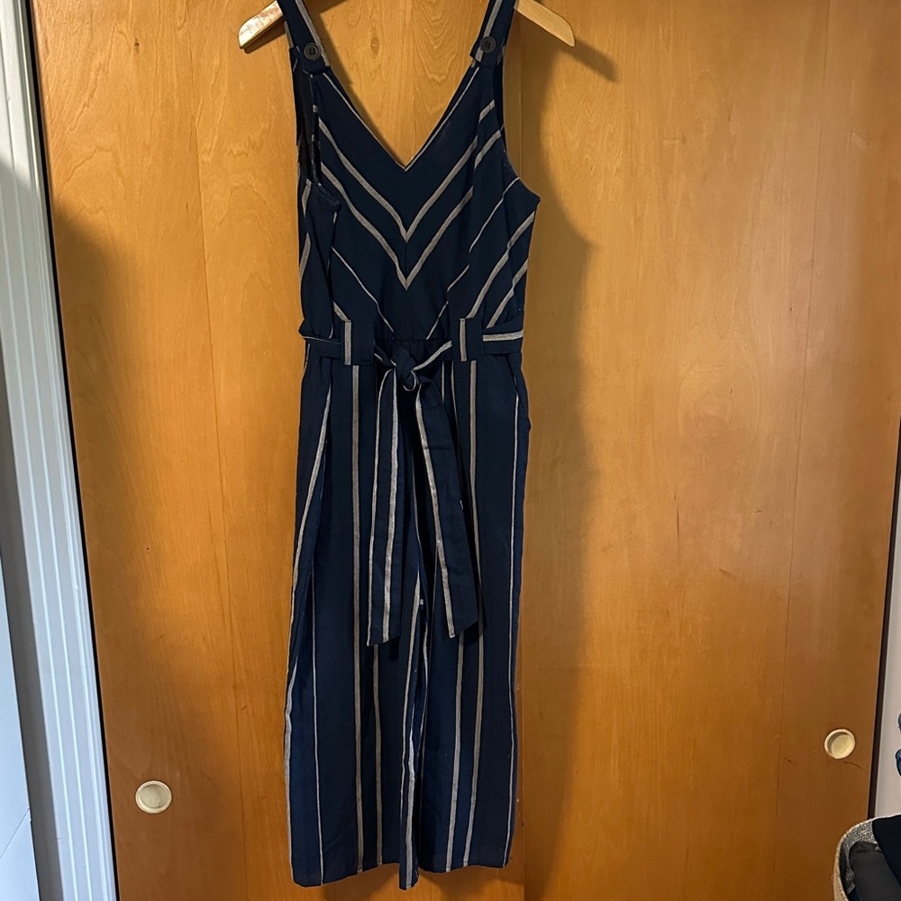 Navy Striped V-Neck Jumpsuit with Tie Waist